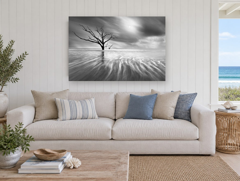 Bare Tree Tidal Flow landscape canvas print on the wall of a beach house living room