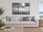 Bare Tree Tidal Flow landscape canvas print on the wall of a beach house living room