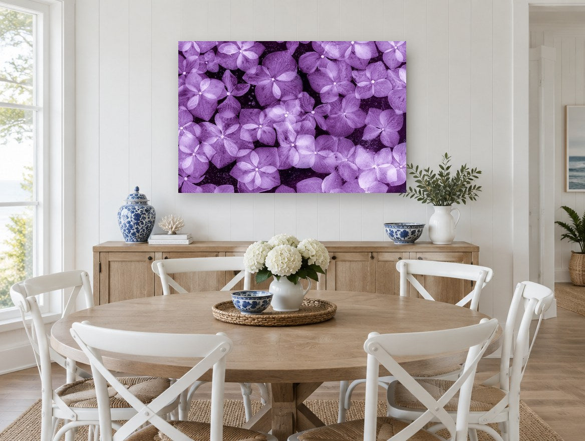 Violet Hydrangea Drift floral canvas print on the wall of a Hamptons dining room