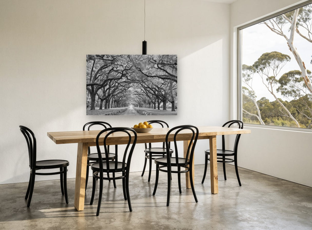 Oak Avenue Hush floral canvas print on the wall of a dining room