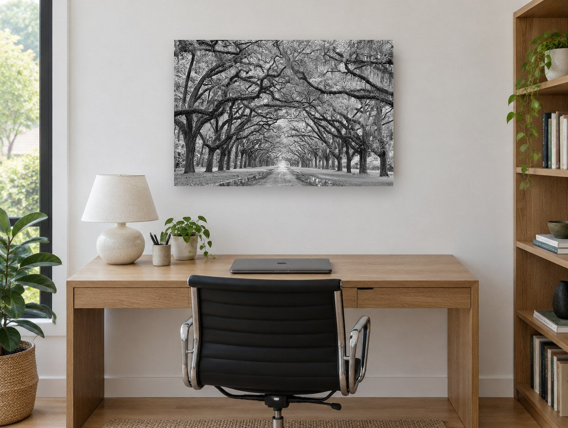 Oak Avenue Hush floral canvas print on the wall of a study