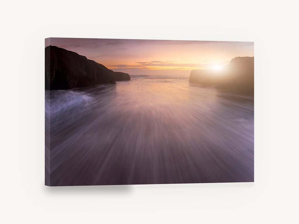 Silk Water Dusk, sunset long exposure seascape photograph, coastal canvas wall art print ready to hang
