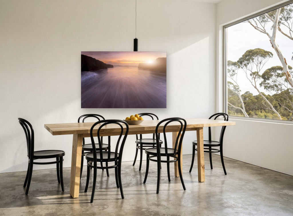 Silk Water Dusk coastal canvas print on the wall of a dining room