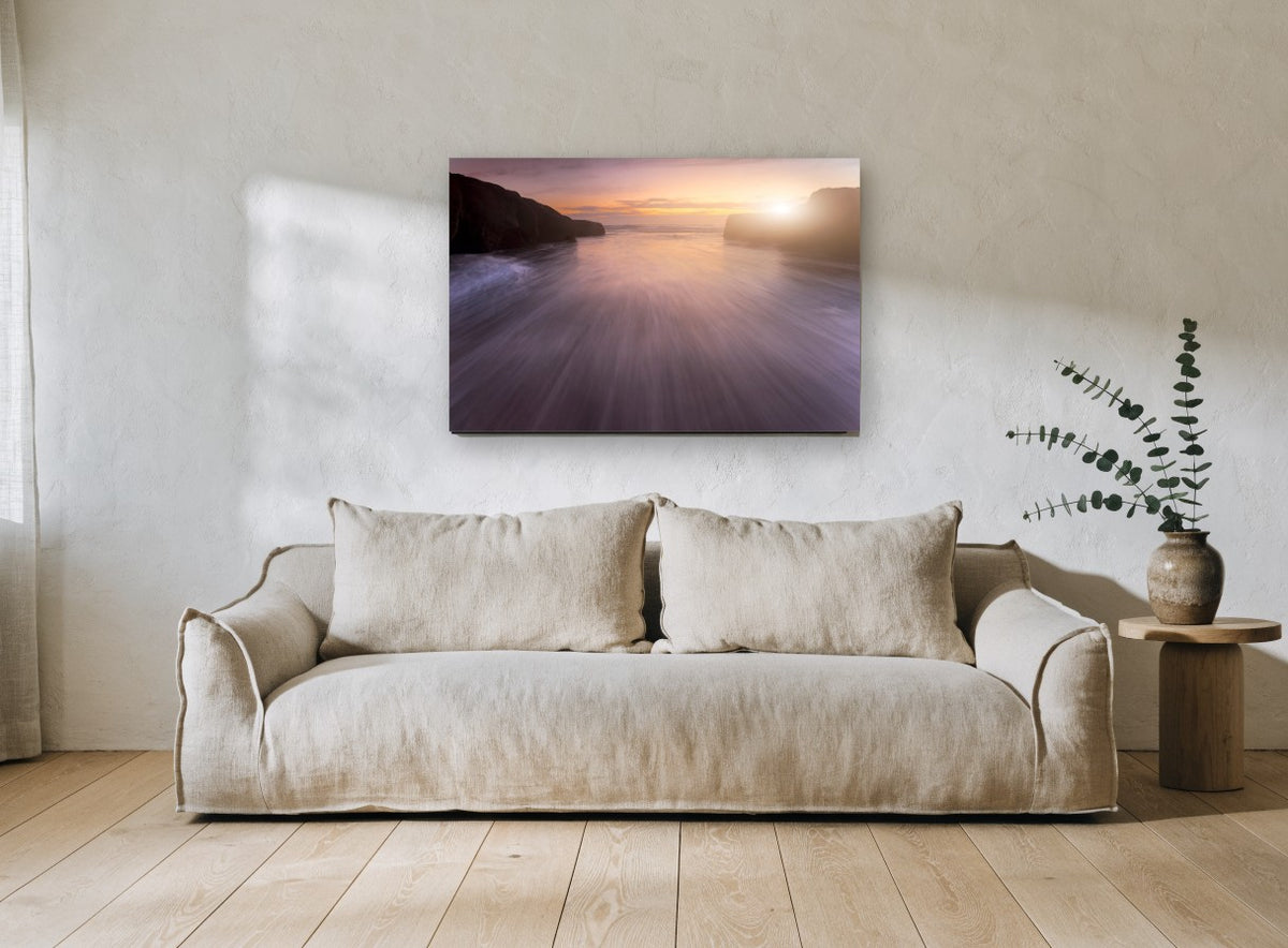 Silk Water Dusk coastal canvas print on the wall of a living room