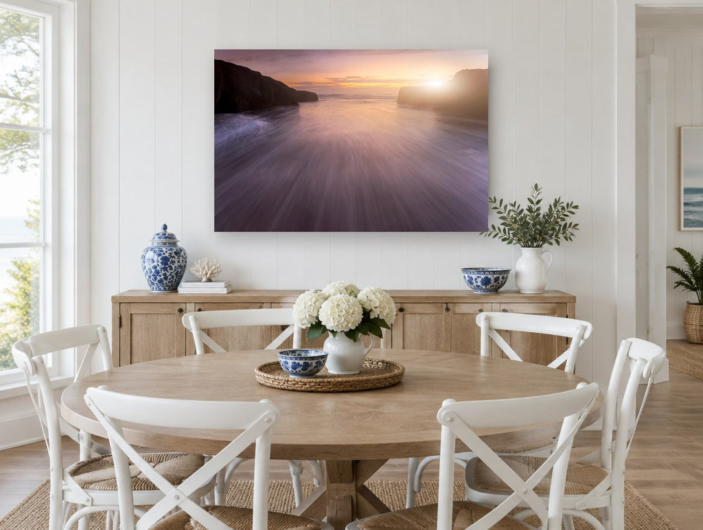 Silk Water Dusk coastal canvas print on the wall of a Hamptons dining room