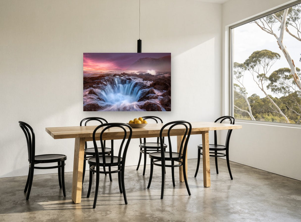 Sunset Sea Basin landscape canvas print on the wall of a dining room