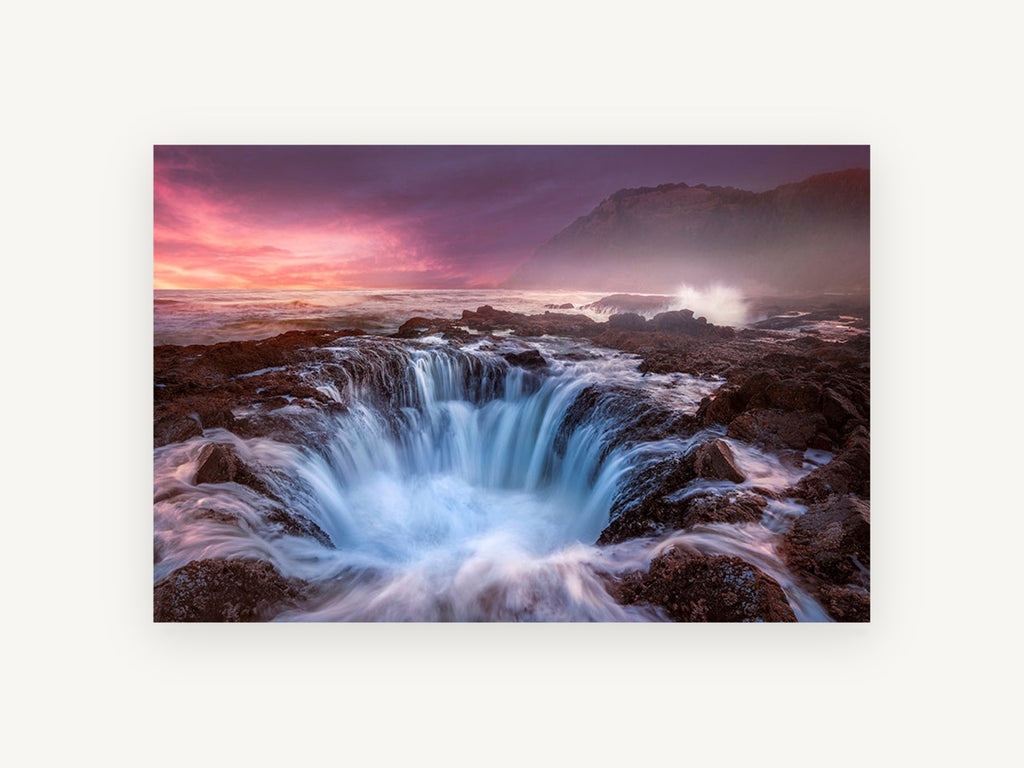 Sunset Sea Basin, coastal rock basin sunset photograph, landscape canvas wall art print, front view