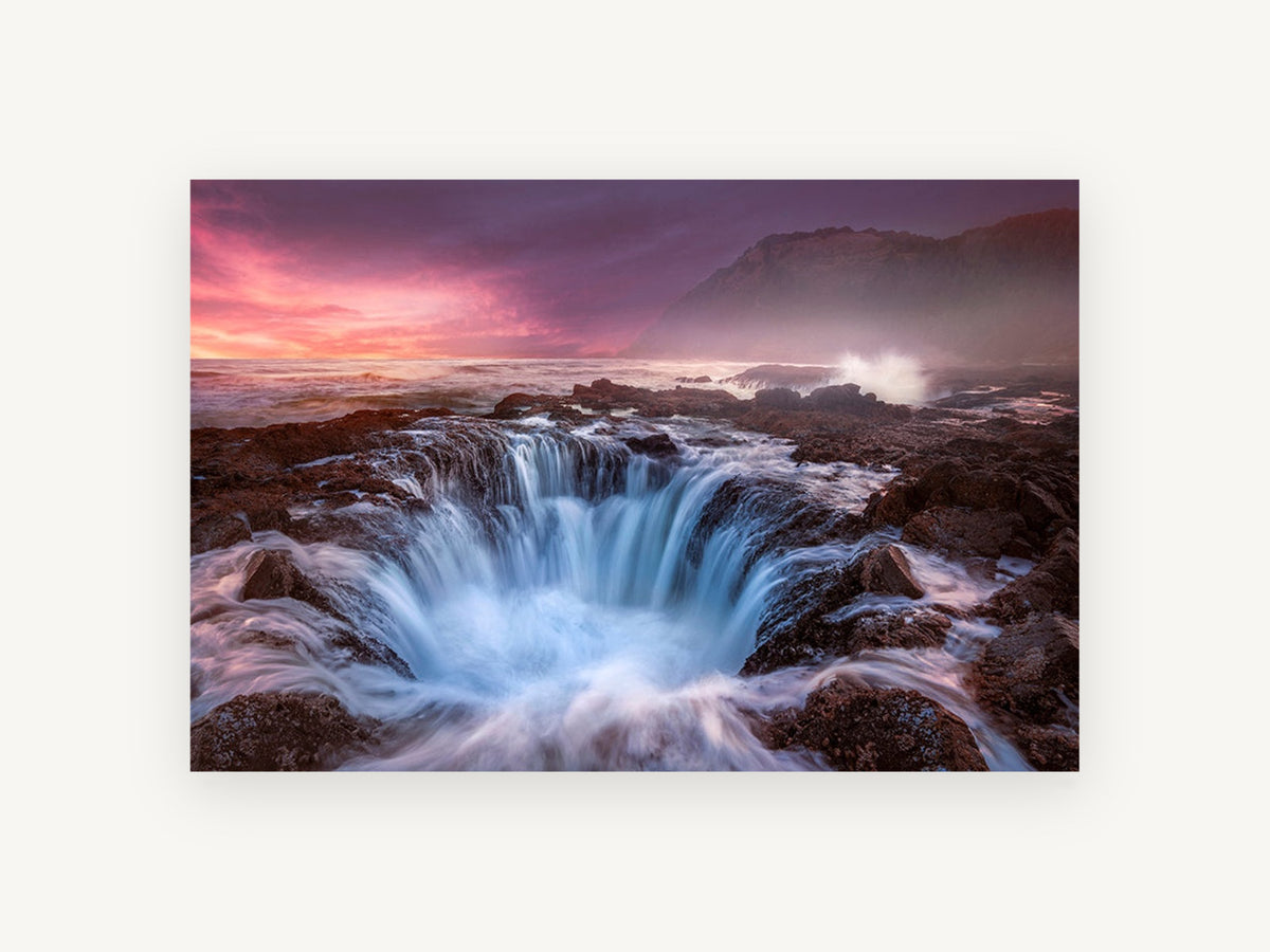 Sunset Sea Basin, coastal rock basin sunset photograph, landscape canvas wall art print, front view
