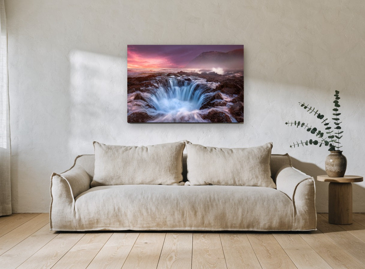 Sunset Sea Basin landscape canvas print on the wall of a living room