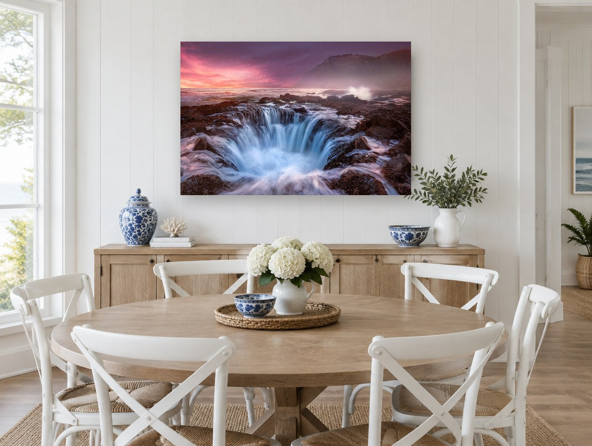 Sunset Sea Basin landscape canvas print on the wall of a Hamptons dining room
