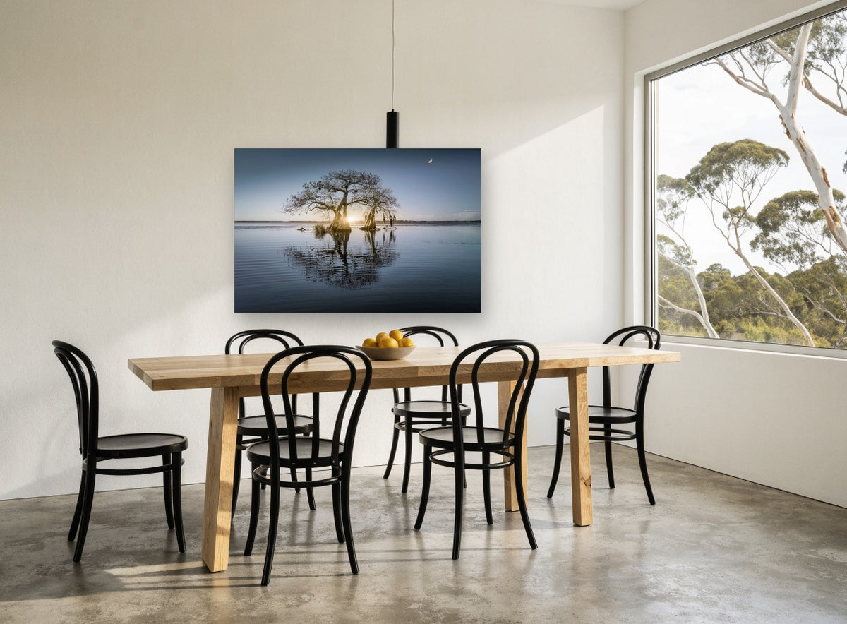 Moonrise Over Still Water landscape canvas print on the wall of a dining room