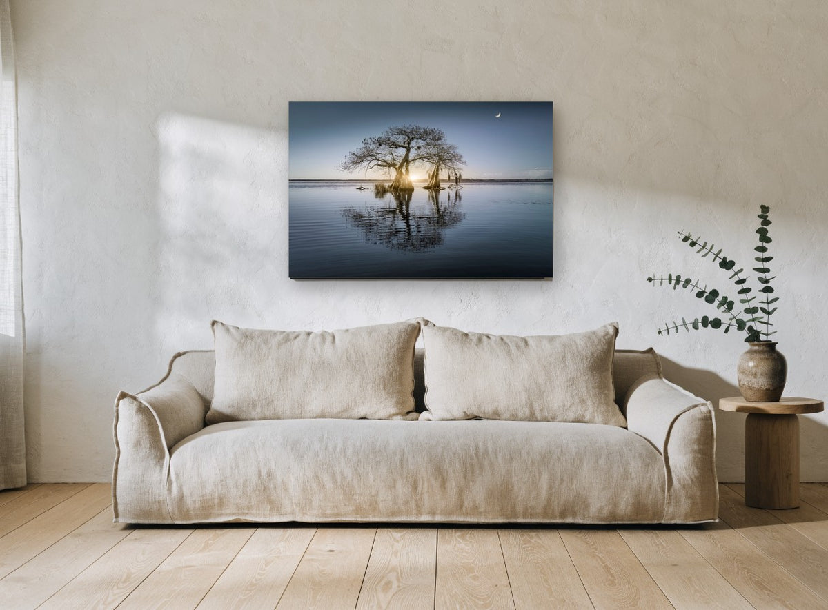 Moonrise Over Still Water landscape canvas print on the wall of a living room