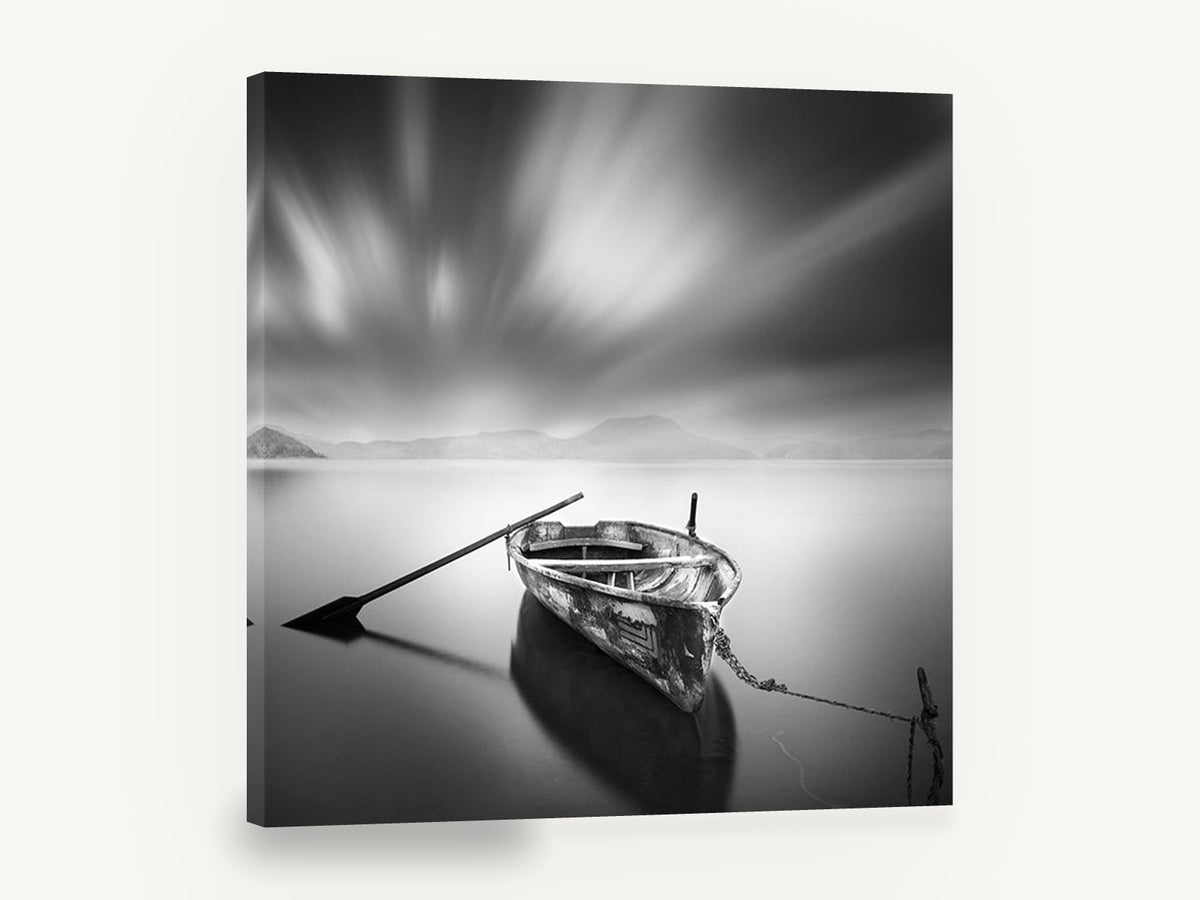 Moored Rowboat Stillness, moored rowboat black and white photograph, coastal canvas wall art print ready to hang