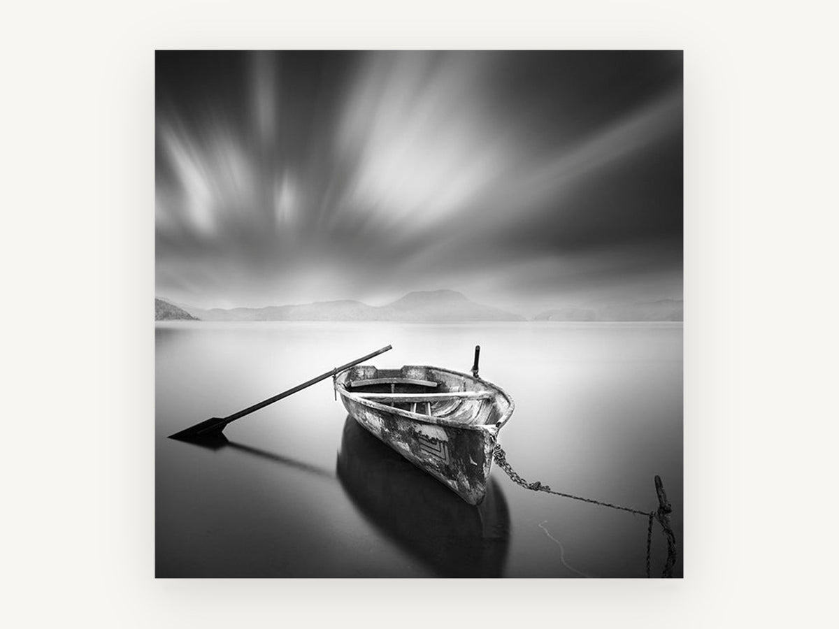 Moored Rowboat Stillness, coastal canvas wall art print, front view