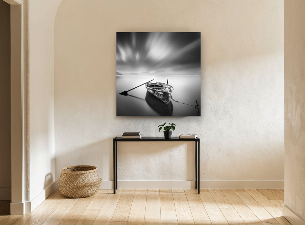 Moored Rowboat Stillness coastal canvas print on the wall of a hallway