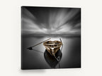 Moored Rowboat Stillness, moored rowboat long exposure black and white, coastal canvas wall art print ready to hang