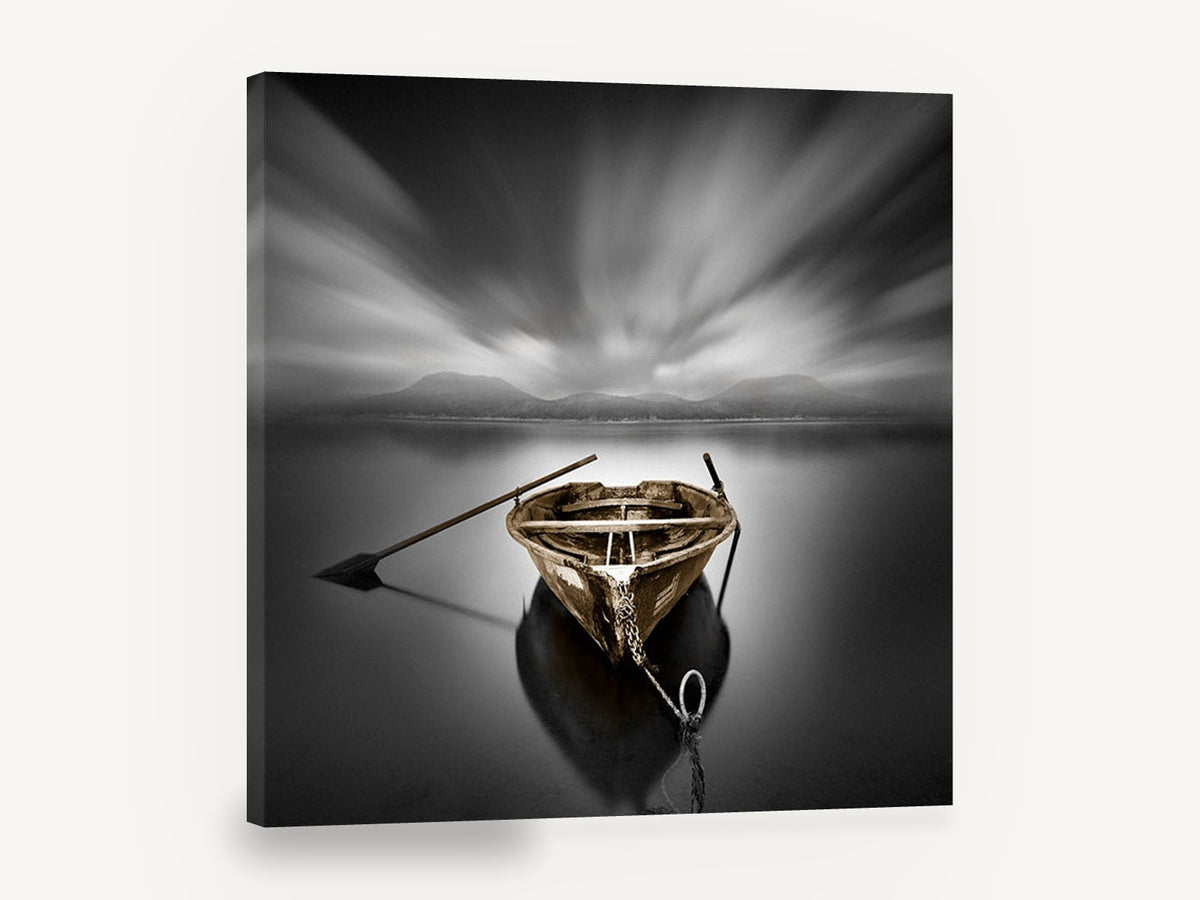 Moored Rowboat Stillness, moored rowboat long exposure black and white, coastal canvas wall art print ready to hang