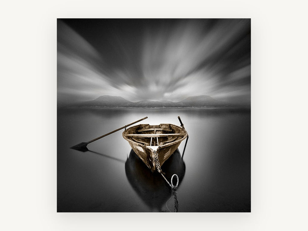 Moored Rowboat Stillness, coastal canvas wall art print, front view