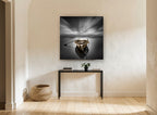 Moored Rowboat Stillness coastal canvas print on the wall of a hallway