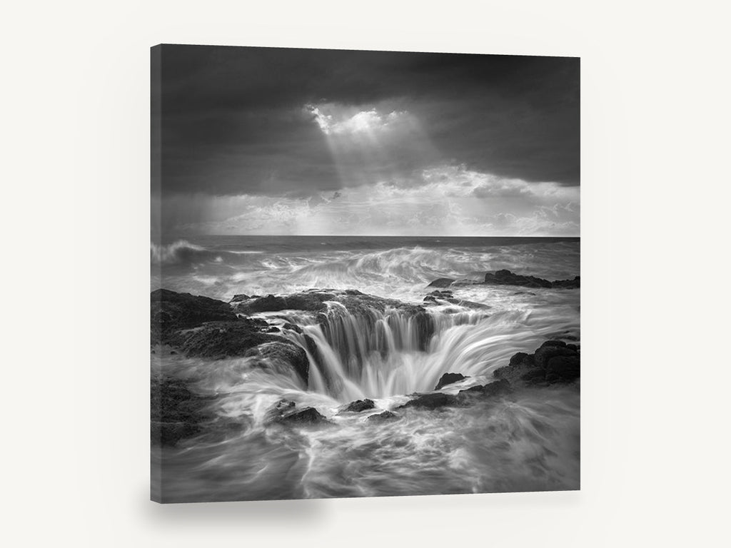 Churning Sea Basin, black and white ocean waves photograph, landscape canvas wall art print ready to hang