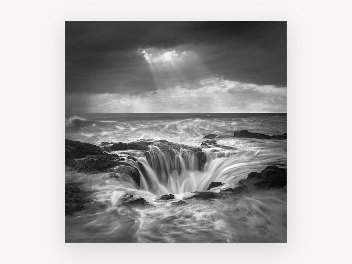Churning Sea Basin, black and white ocean waves photograph, landscape canvas wall art print, front view
