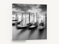 Gondolas at Dusk Mooring, venice gondolas black and white photograph, coastal canvas wall art print ready to hang
