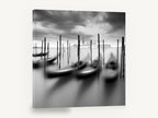 Gondolas at Dusk Mooring, venice gondolas black and white photograph, coastal canvas wall art print ready to hang