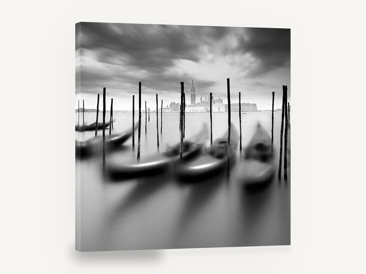 Gondolas at Dusk Mooring, venice gondolas black and white photograph, coastal canvas wall art print ready to hang