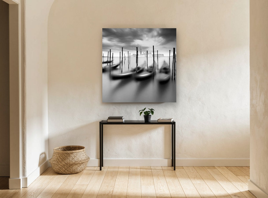 Gondolas at Dusk Mooring coastal canvas print on the wall of a hallway