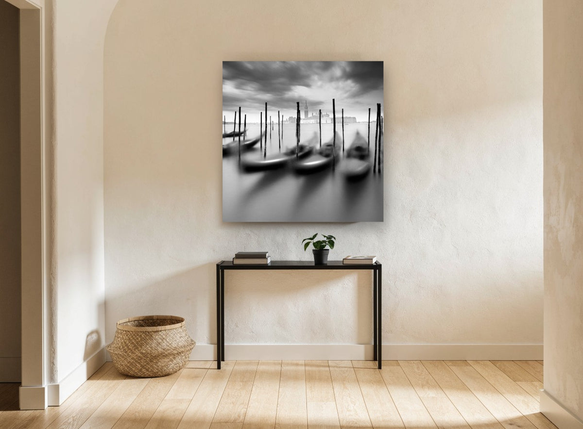 Gondolas at Dusk Mooring coastal canvas print on the wall of a hallway