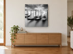 Gondolas at Dusk Mooring coastal canvas print on the wall of a living room above a sideboard