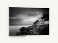 Beam Over the Rocks, lighthouse on rocky coast black and white, coastal canvas wall art print ready to hang