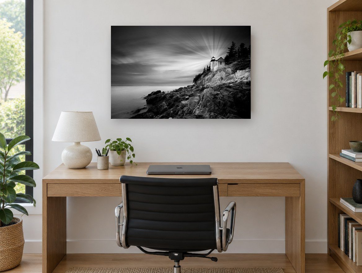 Beam Over the Rocks coastal canvas print on the wall of a study