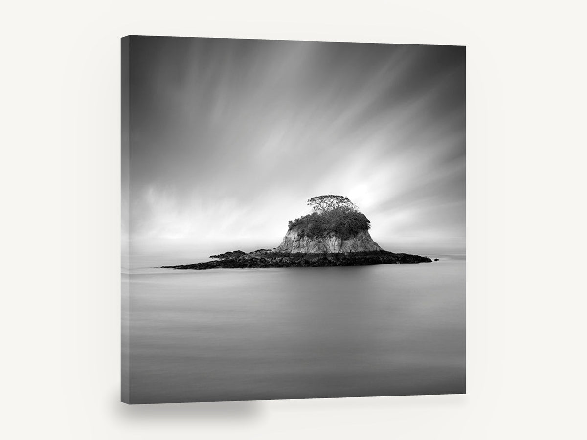 Silent Island, lone island long exposure black and white, coastal canvas wall art print ready to hang