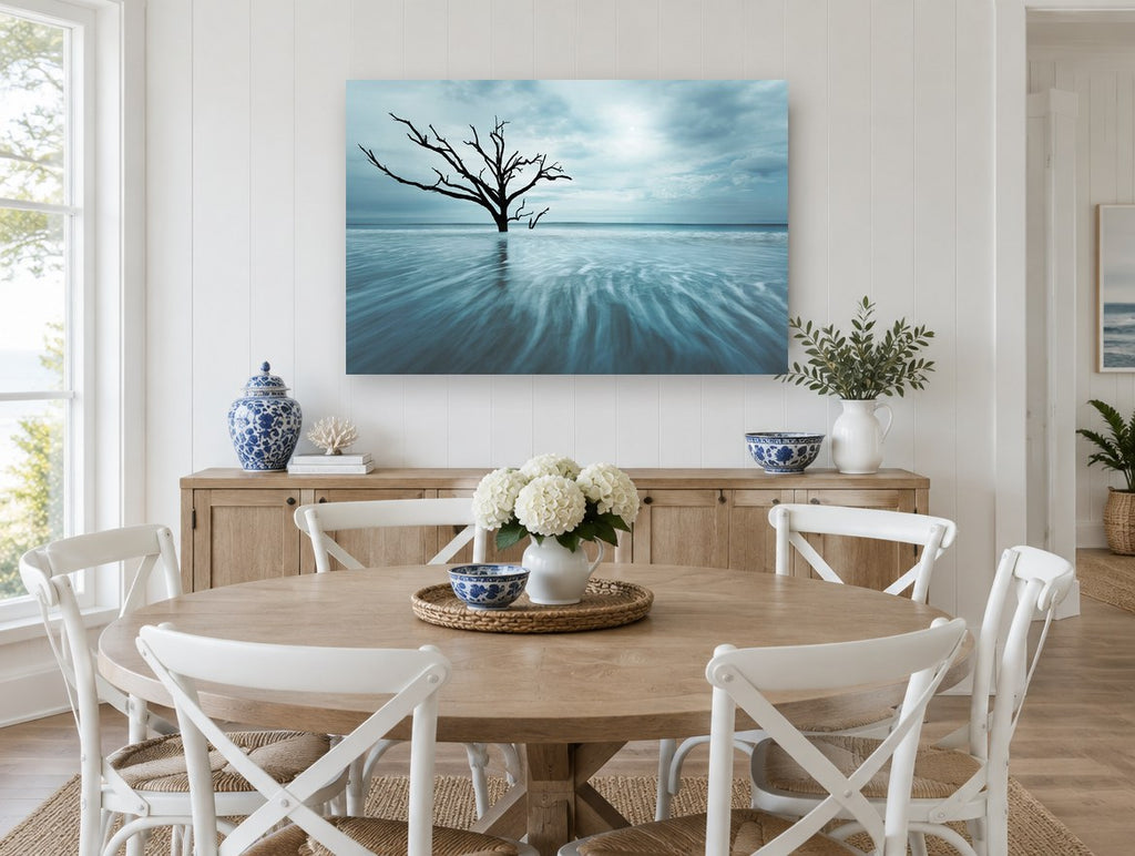 Bare Tree in Blue Tide floral canvas print on the wall of a Hamptons dining room