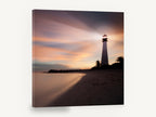 Lighthouse Dusk Glow, lighthouse beach sunset long exposure photograph, coastal canvas wall art print ready to hang