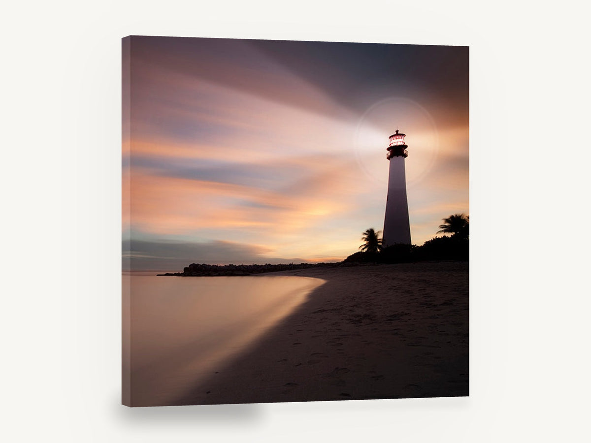Lighthouse Dusk Glow, lighthouse beach sunset long exposure photograph, coastal canvas wall art print ready to hang