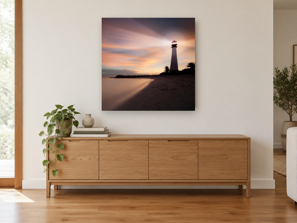 Lighthouse Dusk Glow coastal canvas print on the wall of a living room above a sideboard