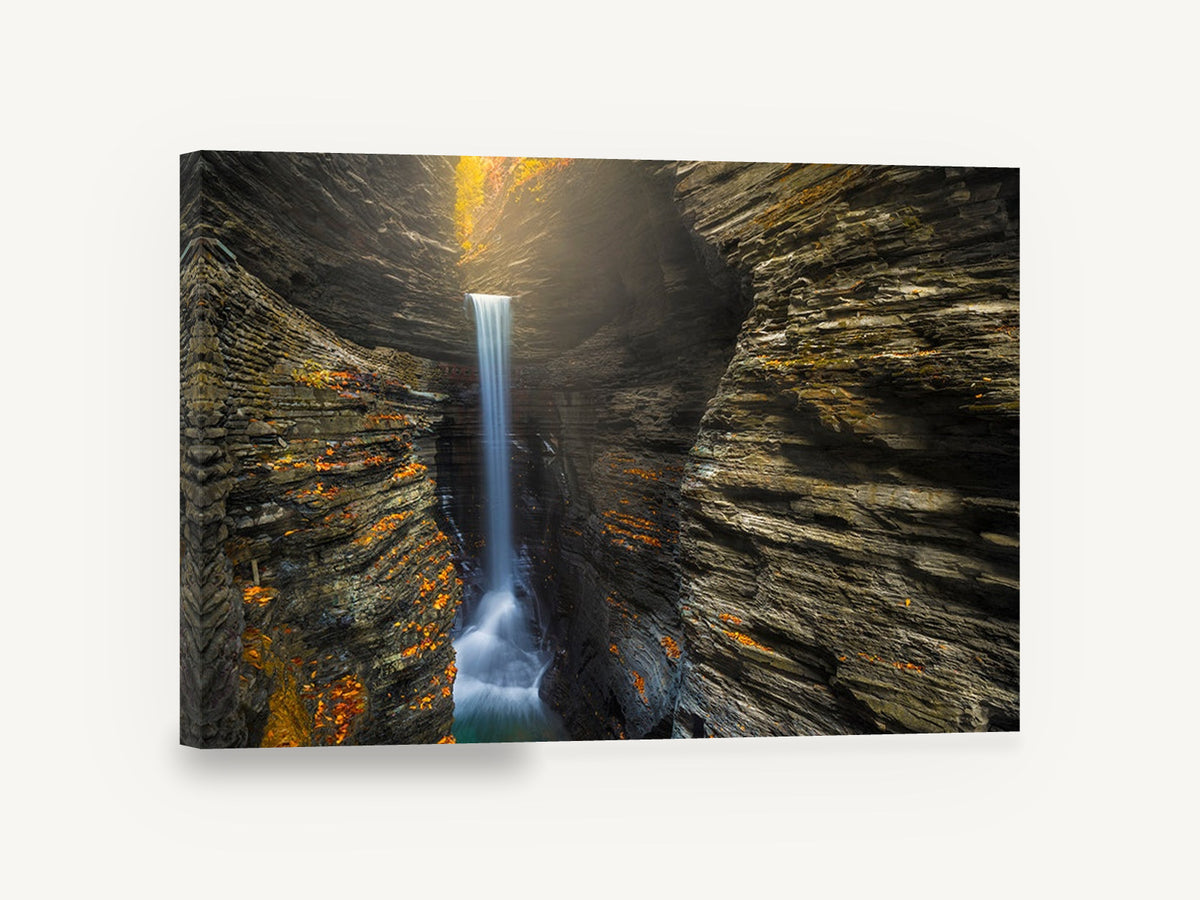 Gorge Light Falls, waterfall in rock gorge photograph, landscape canvas wall art print ready to hang