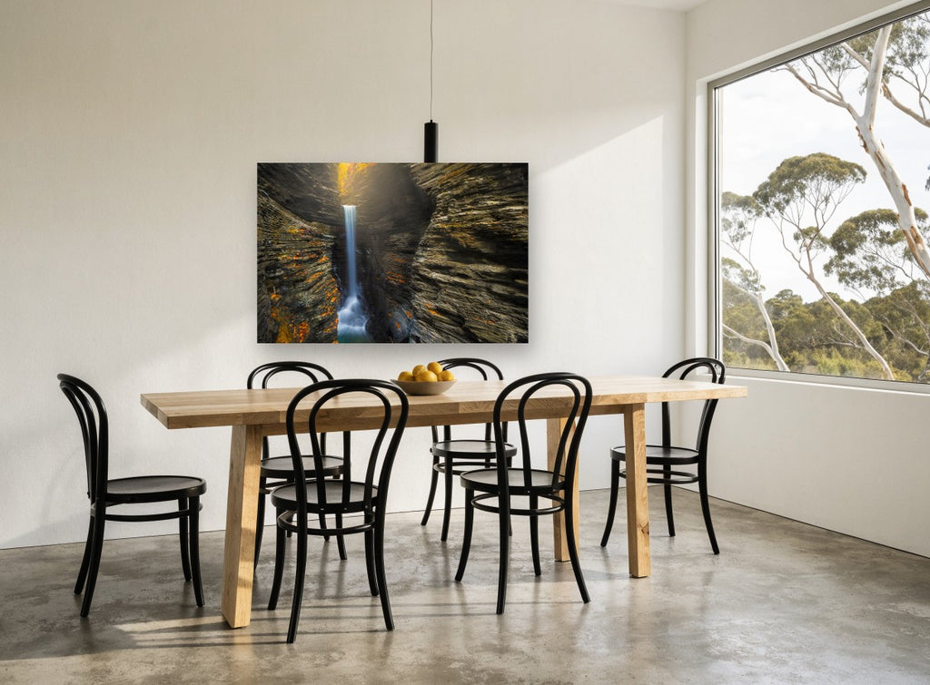 Gorge Light Falls landscape canvas print on the wall of a dining room