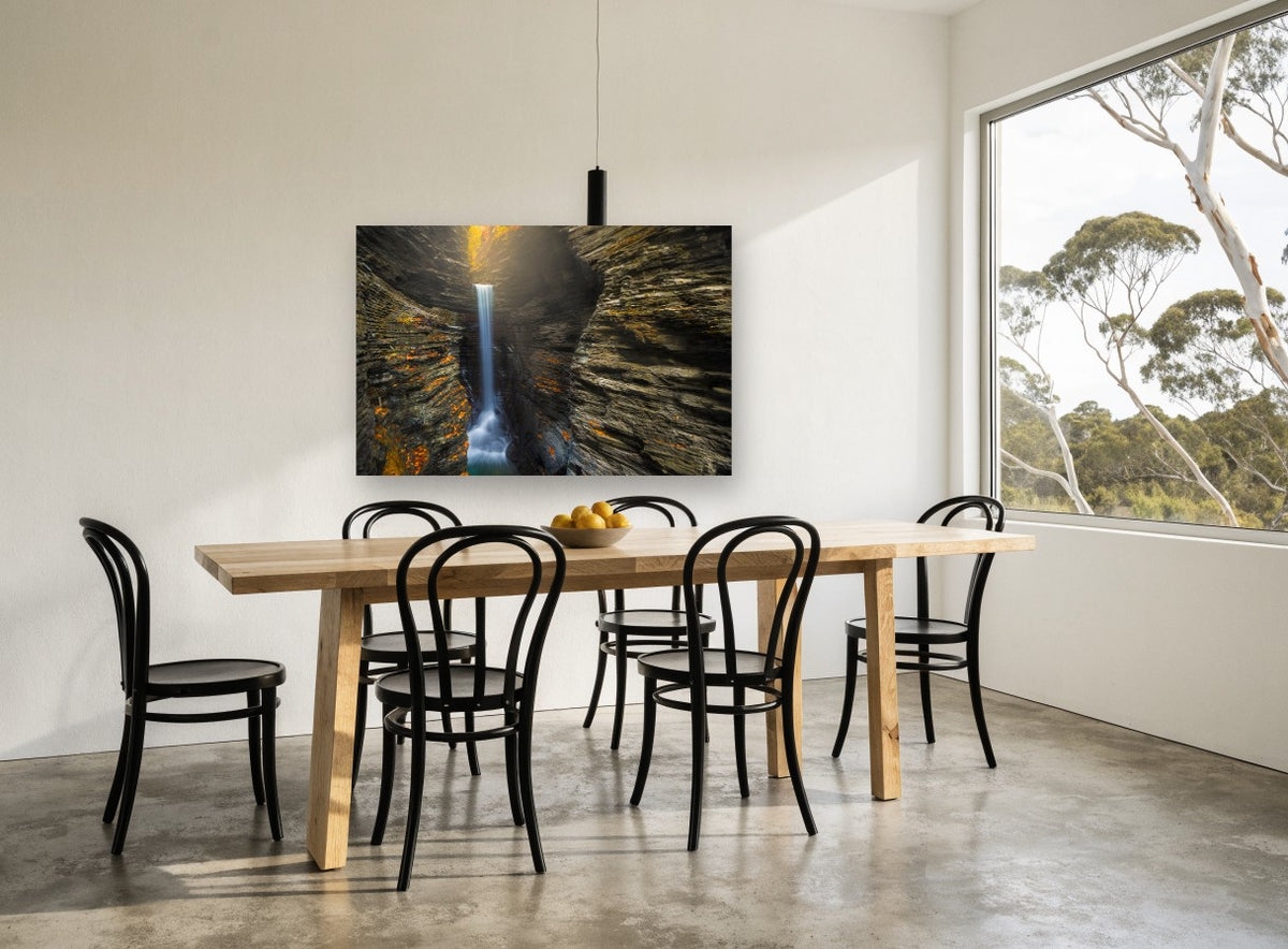Gorge Light Falls landscape canvas print on the wall of a dining room
