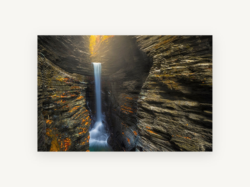 Gorge Light Falls, waterfall in rock gorge photograph, landscape canvas wall art print, front view