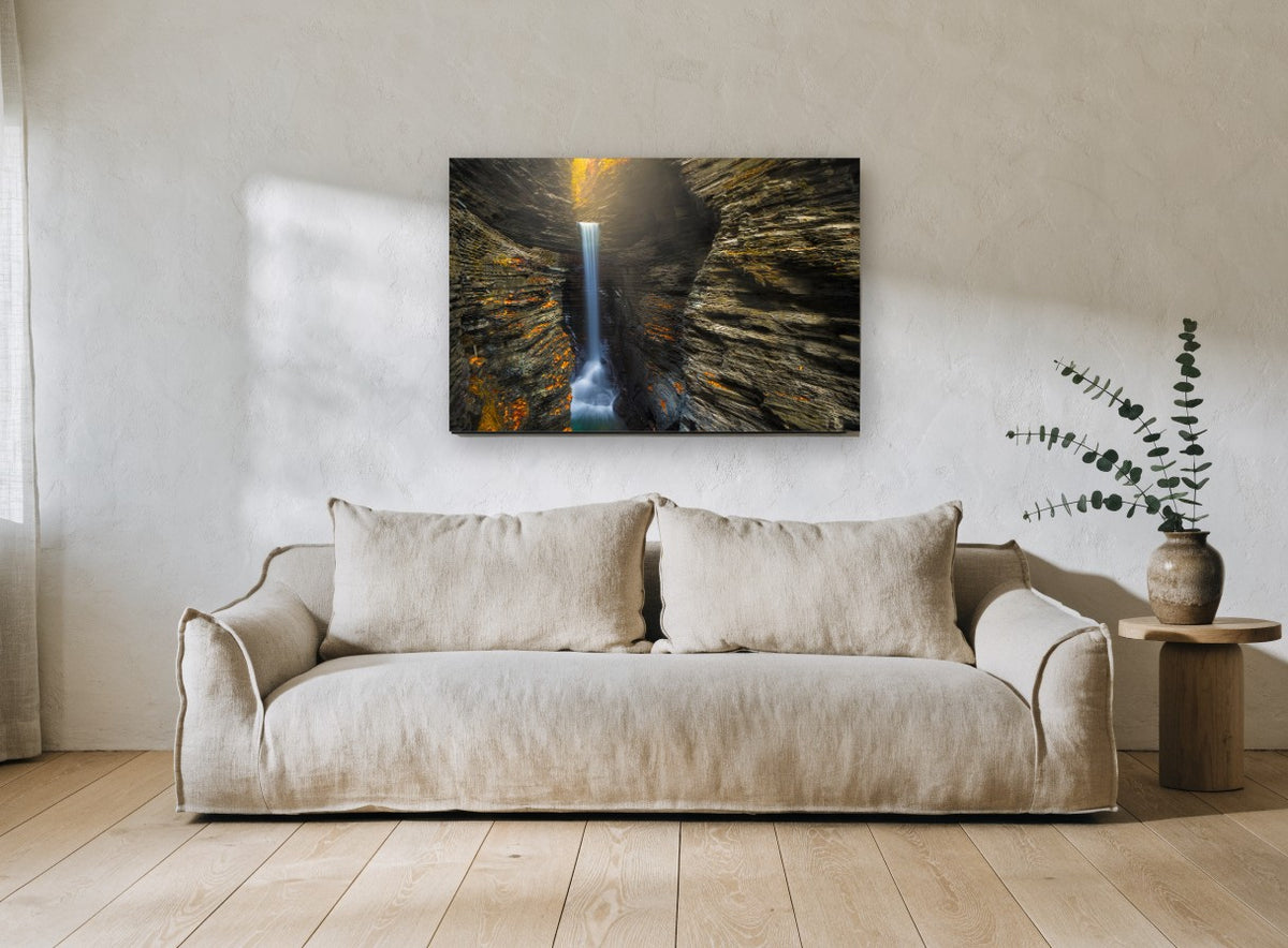 Gorge Light Falls landscape canvas print on the wall of a living room