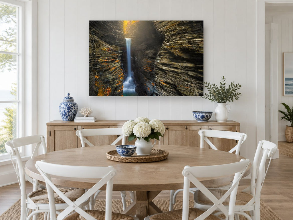 Gorge Light Falls landscape canvas print on the wall of a Hamptons dining room
