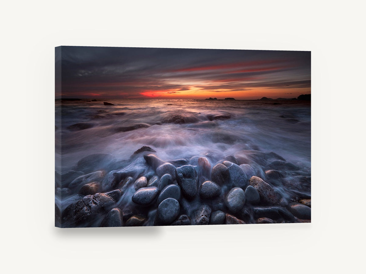Dusk Surf Over Pebbles, sunset pebble beach seascape photograph, landscape canvas wall art print ready to hang