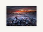 Dusk Surf Over Pebbles, sunset pebble beach seascape photograph, landscape canvas wall art print, front view