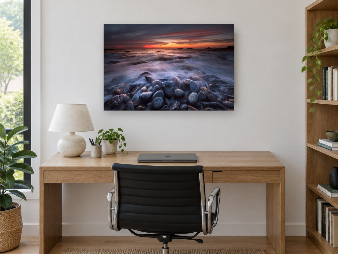 Dusk Surf Over Pebbles landscape canvas print on the wall of a study
