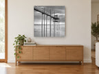 Stilted Fishing Hut coastal canvas print on the wall of a living room above a sideboard