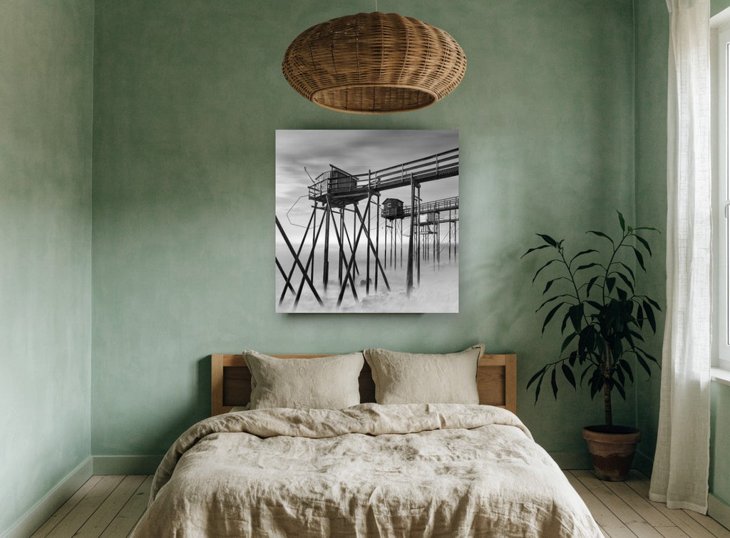 Stilted Fishing Huts coastal canvas print on the wall of a bedroom