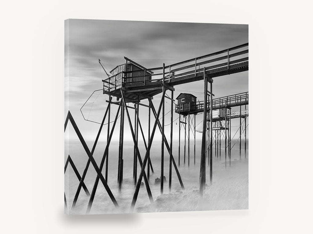 Stilted Fishing Huts, misty fishing huts black and white, coastal canvas wall art print ready to hang